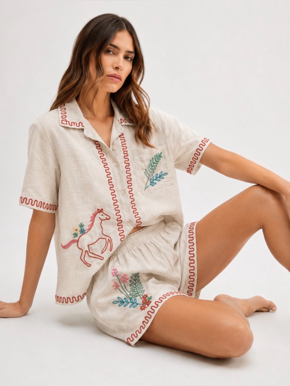 MARBLE Cream Embroidered Kids Pajama Set with Floral & Horse Motifs